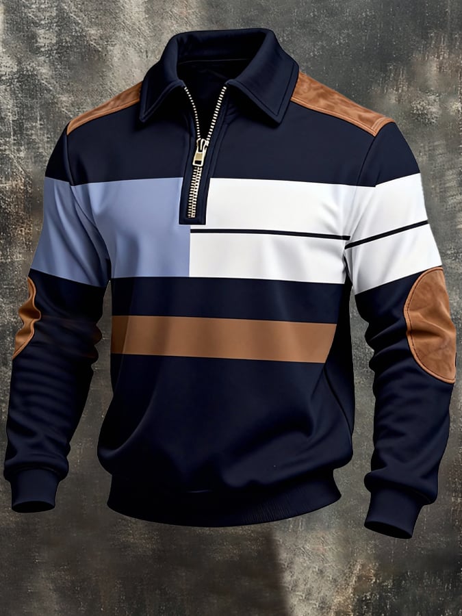 Men's Retro Color Block Print Zipper Sweatshirt