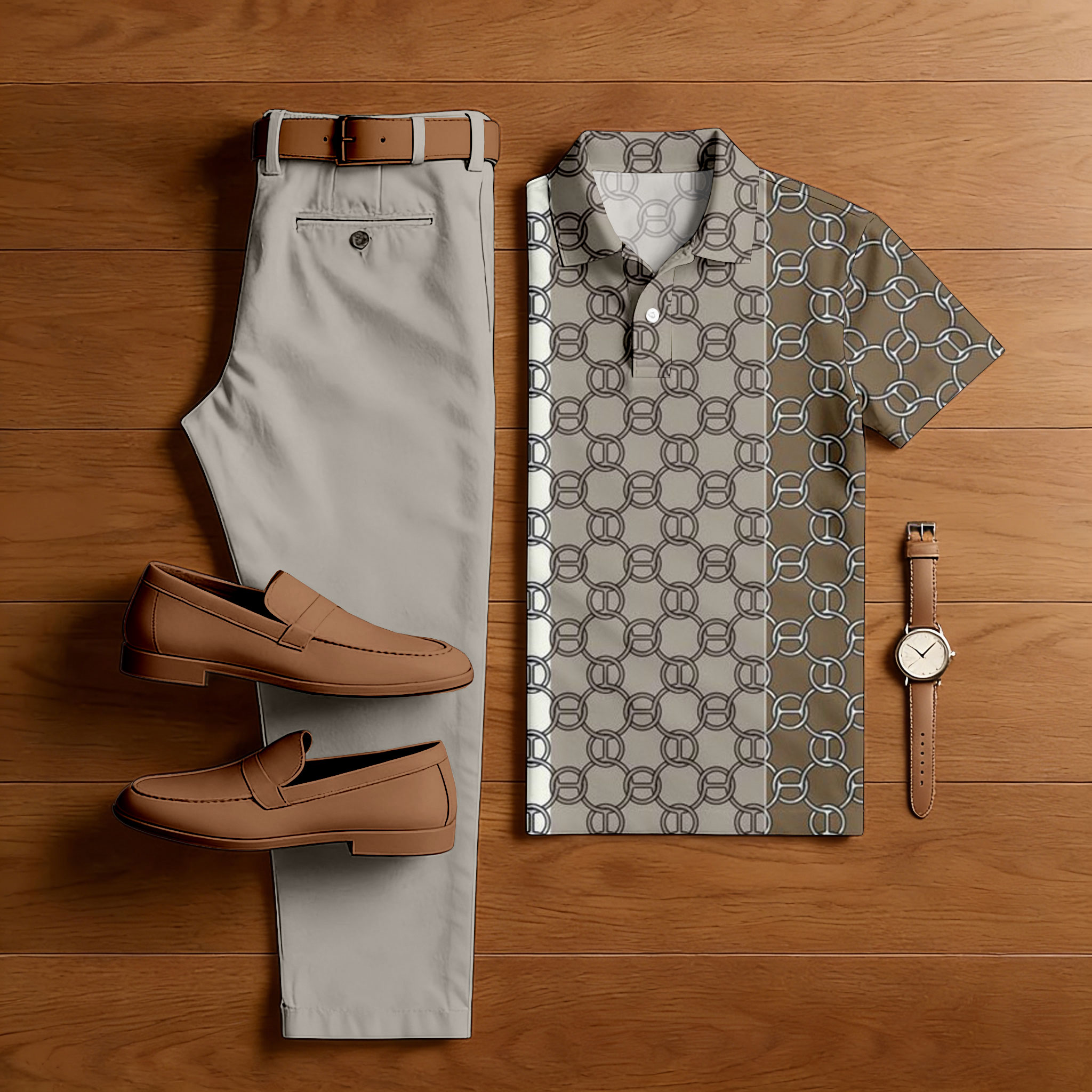 Men's Casual Khaki Color Matching Vintage Printed Short Sleeved Polo Shirt & Trousers Two-Piece Set