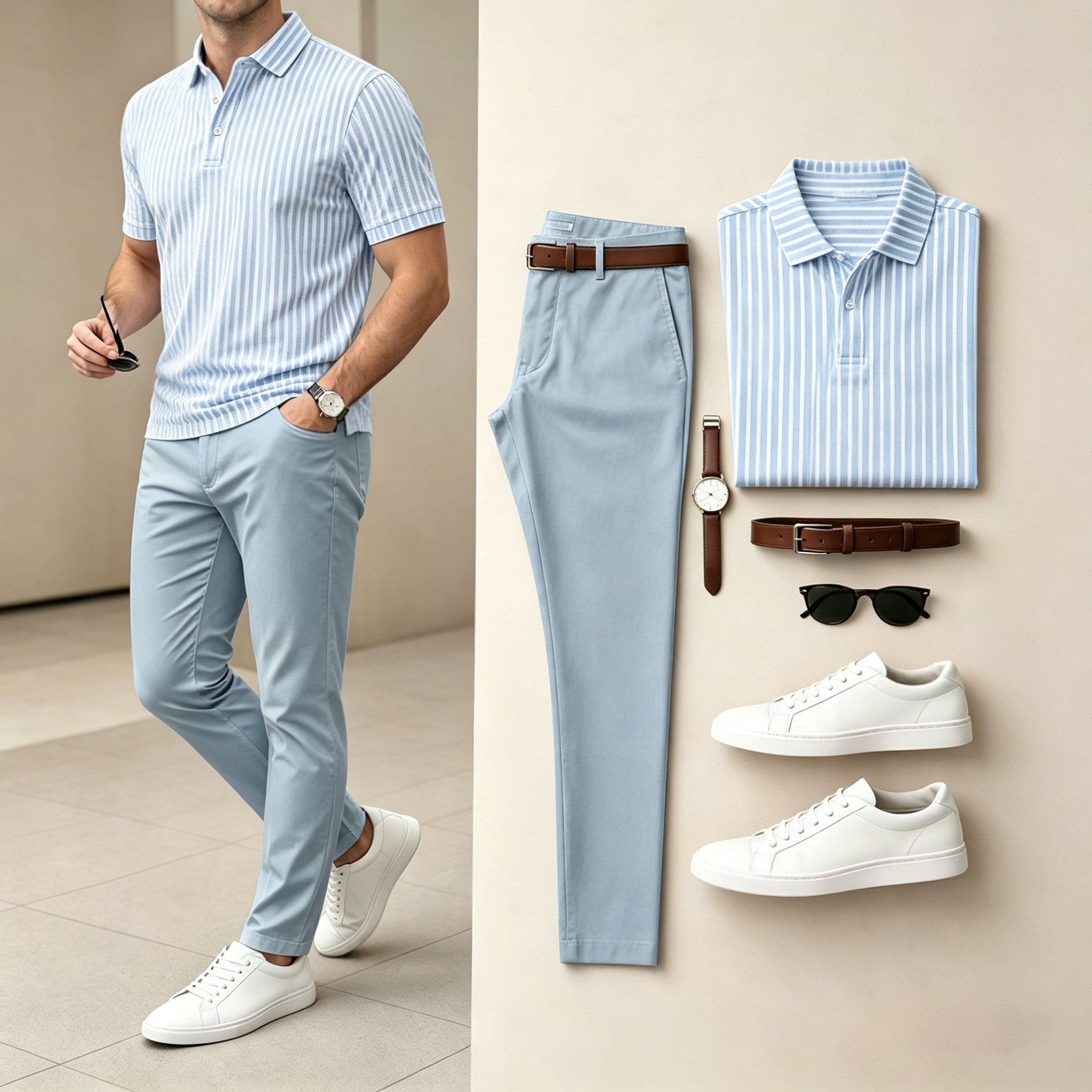 Men's Casual Fine-Striped Printed Short-Sleeve Polo Shirt And Pants Two-Piece Set (Excludes Accessories Such As Watches And Glasses)