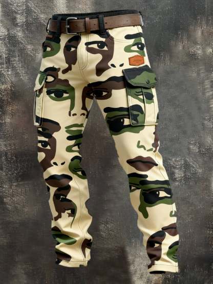 Men's Retro Abstract Face Camouflage Distressed Pocket Work Pants