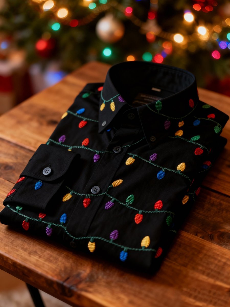Men's Business Retro Christmas Colored Lights Printed Long Sleeve Shirt