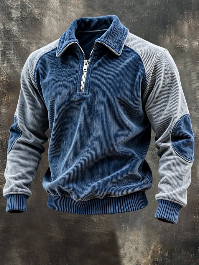 Men's Vintage Corduroy Color-Block Zip-Up Long-Sleeved Sweatshirt