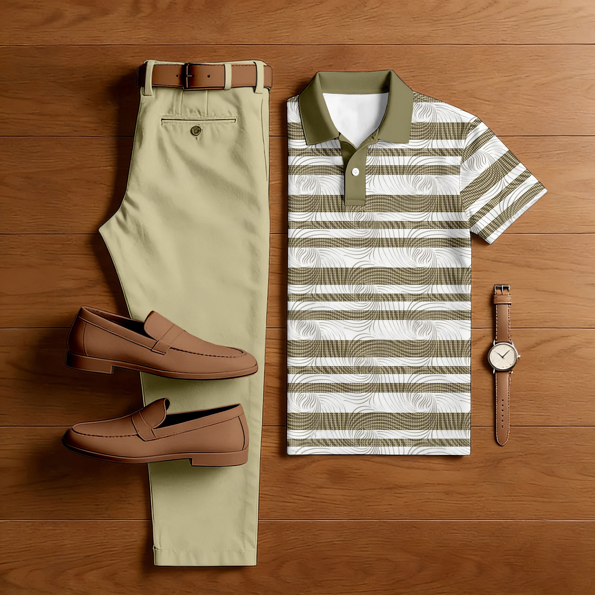 Men's Casual Khaki & White Color Matching Striped Printed Short Sleeved Polo Shirt & Trousers Two-Piece Set