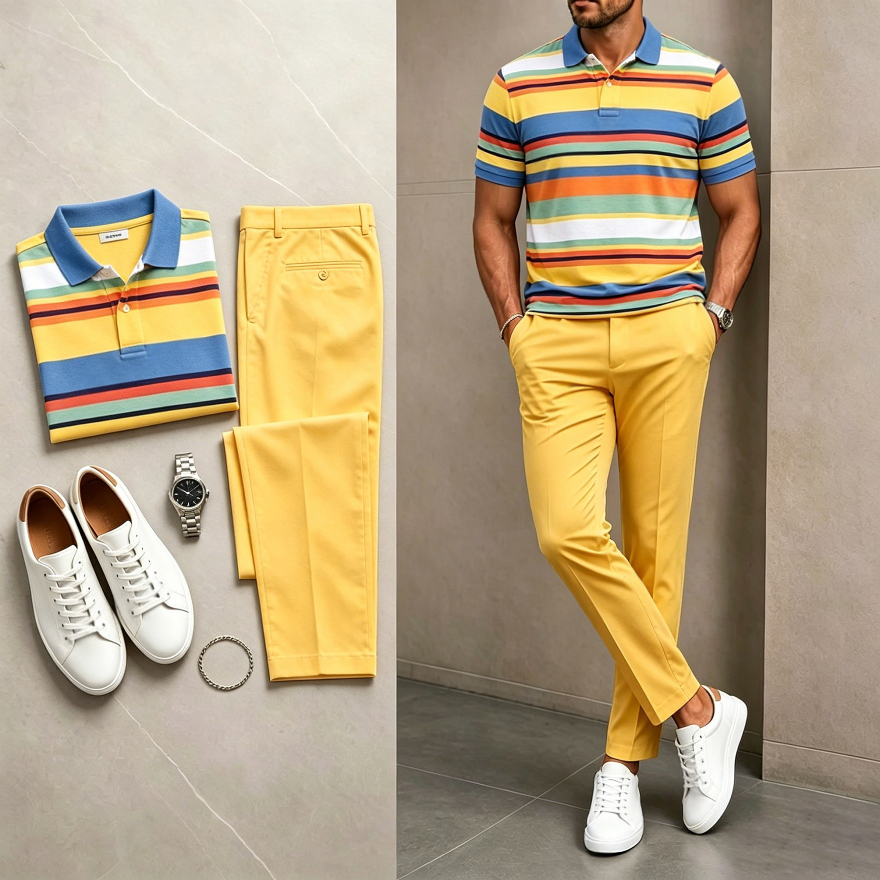 Men's Casual Color-Blocked Stripes Printed Polo Shirt And Pants Two-Piece Set