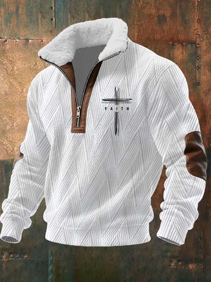 Men's Fur Collar Faith Zipper Neck Long Sleeve Sweatshirt