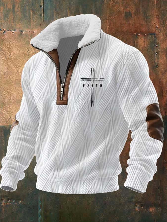 Men's Fur Collar Faith Zipper Neck Long Sleeve Sweatshirt