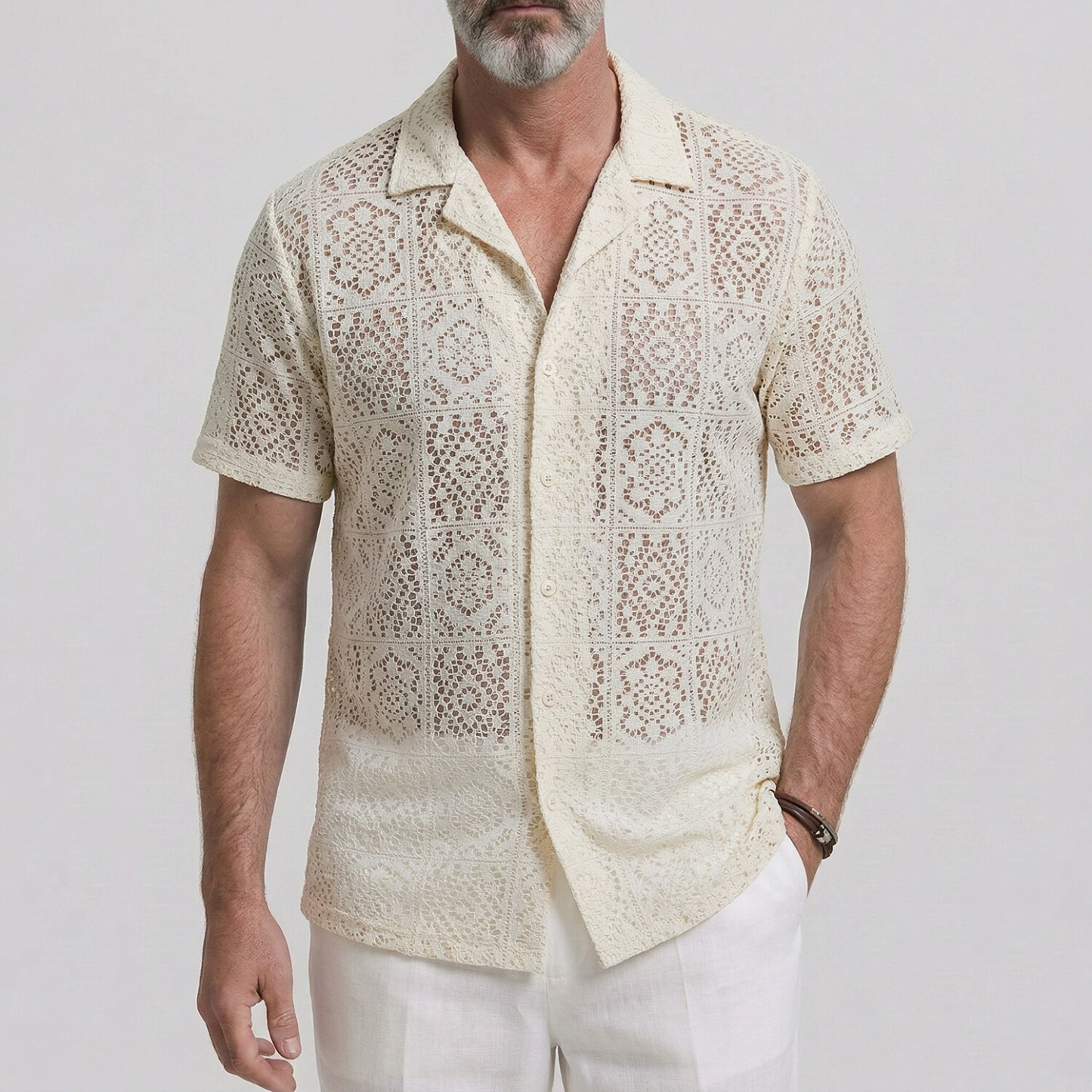 Men's Vacation Camp Collar Solid Color Hollow Out Lace Short Sleeve Shirt