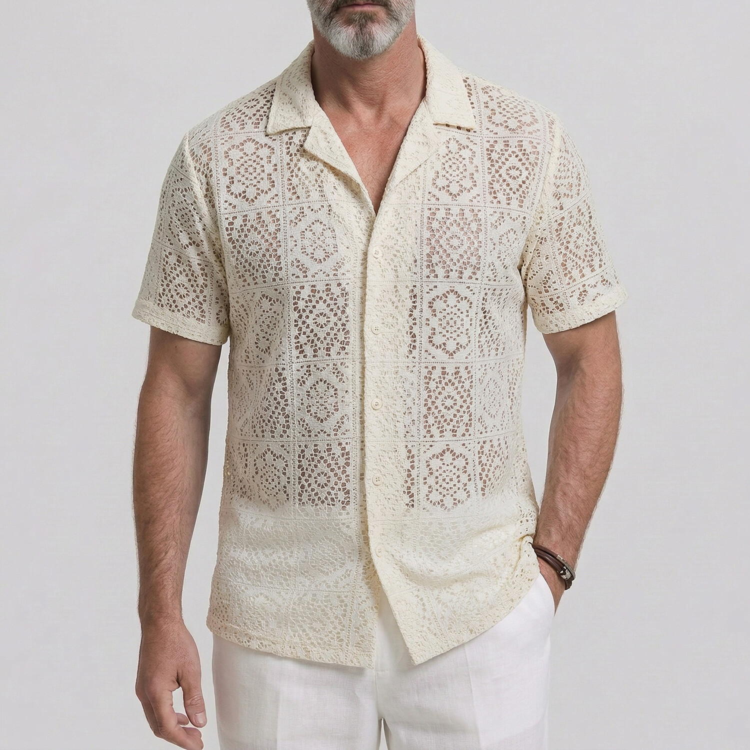 Men's Vacation Camp Collar Solid Color Hollow Out Lace Short Sleeve Shirt