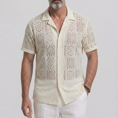 Men's Vacation Camp Collar Solid Color Hollow Out Lace Short Sleeve Shirt