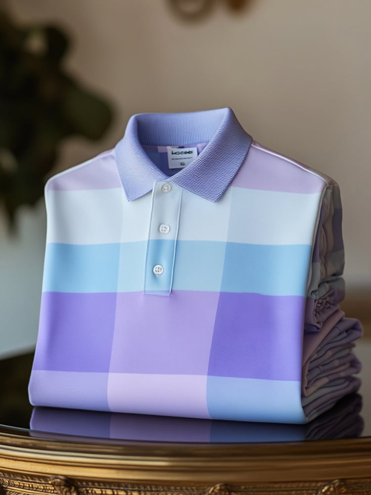 Men's Classic Business Check Logo Button Short Sleeve Polo Shirt