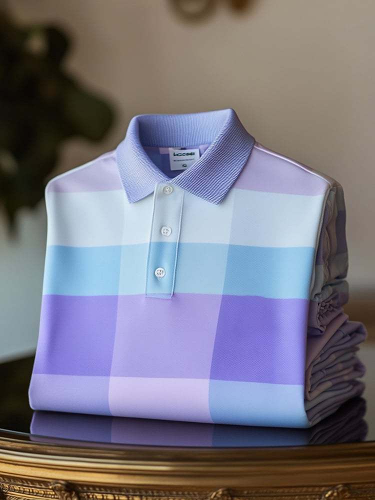 Men's Classic Business Check Logo Button Short Sleeve Polo Shirt