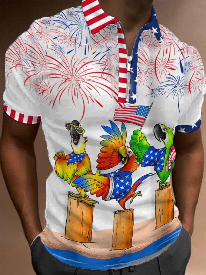 Men's Resort Style Flag Parrot Print Zipper Polo Shirt