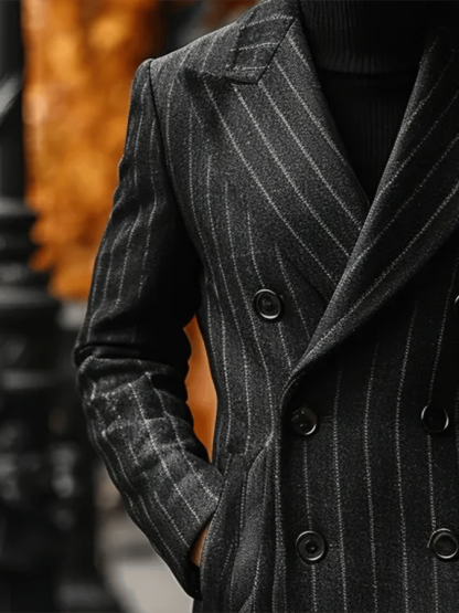 Men's Stylish Striped Double-Breasted Pocket Design Casual Woolen Coat