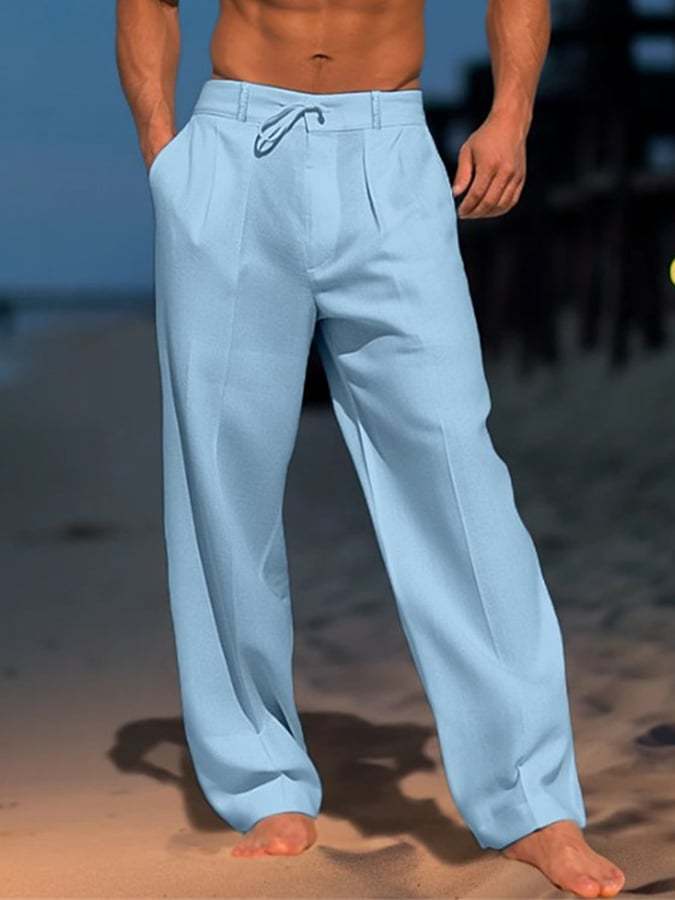 Men's Casual Solid Color Cotton And Linen Comfortable Vacation Trousers