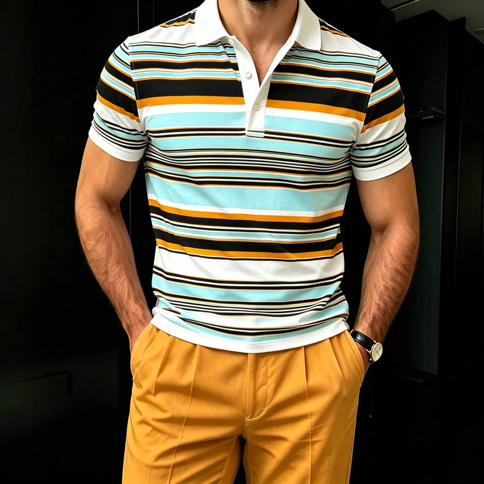 Men's Casual Lake Blue Striped Printed Color Matching Short Sleeves Polo Shirt