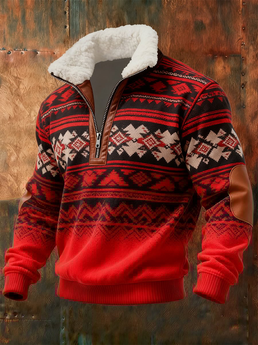 Men's Vintage Western Quarter Zip Fur Collar Sweatshirt