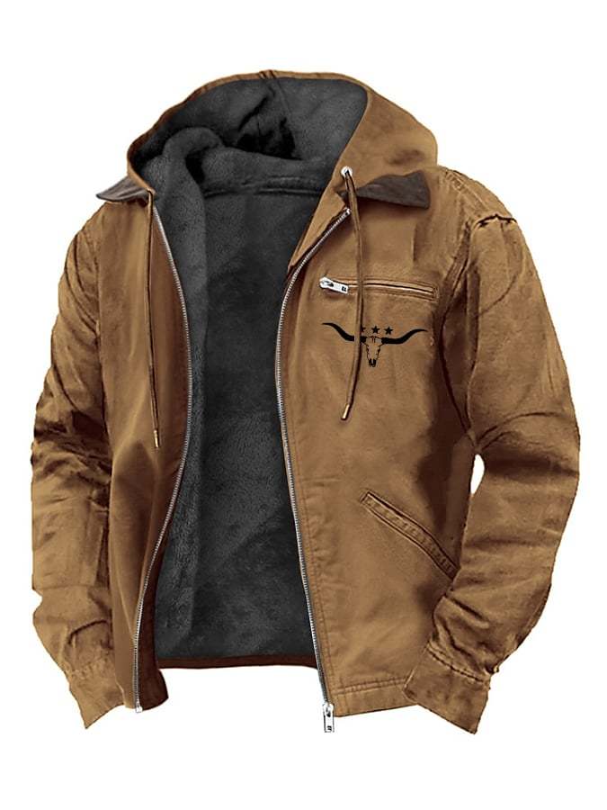 Men's Vintage Plush Western Bull Head Print Zipper Jacket