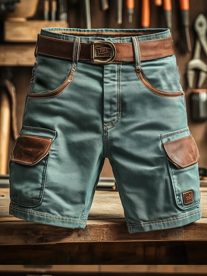 Men's Vintage Outdoor Pocket Functional Leather Stitching Cargo Shorts (without belt)