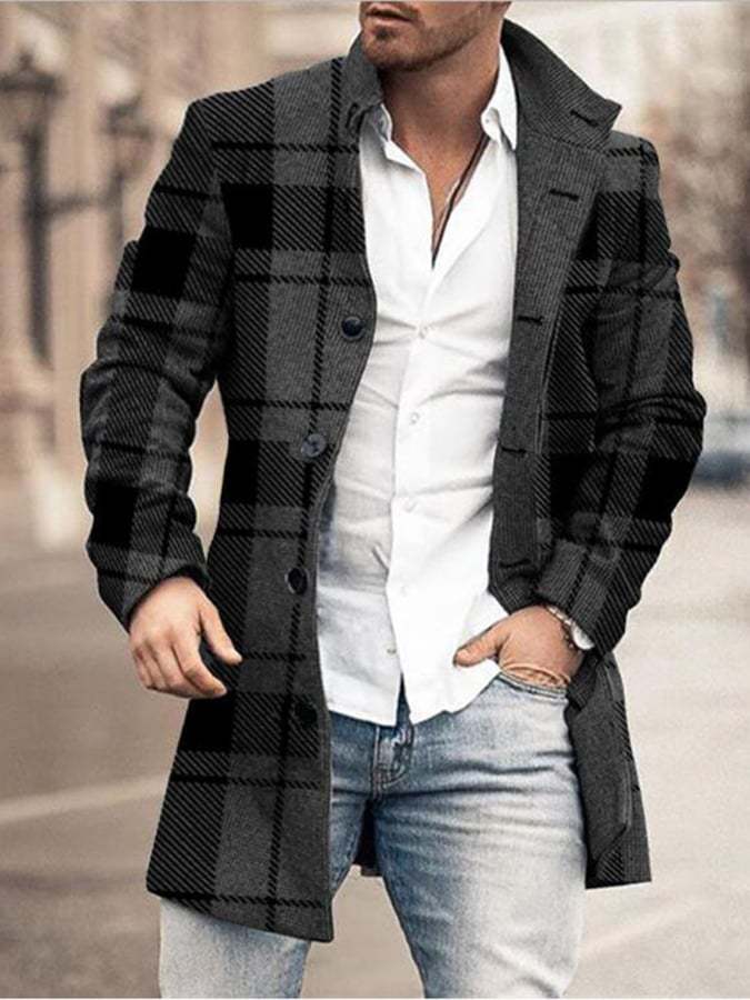 Men'S Commuter Button Lapel Plaid Design Wool Coat