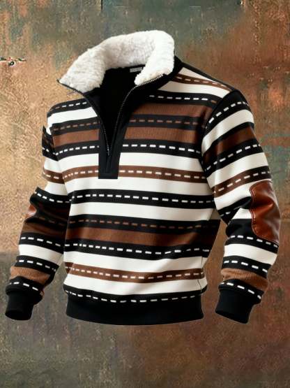 Men's Retro Color Block Print Casual Fur Collar Sweatshirt