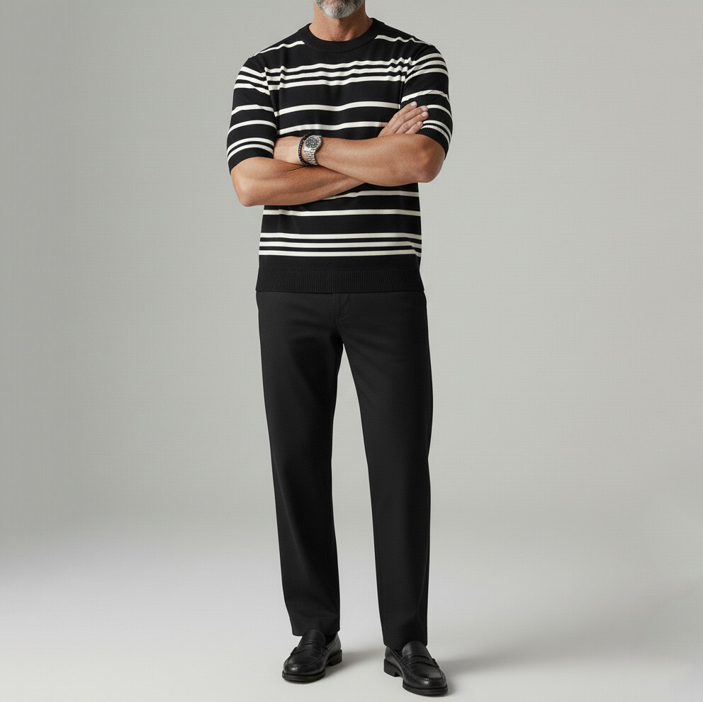 Men's Apricot Casual Striped Pattern Crew Neck Knitted Short Sleeve T-Shirt