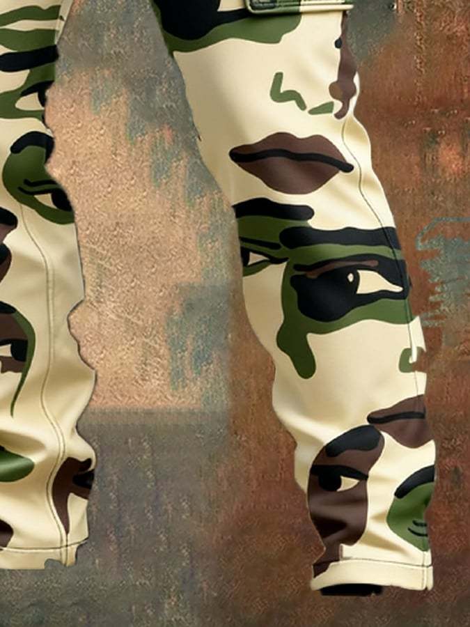 Men's Retro Abstract Face Camouflage Distressed Pocket Work Pants