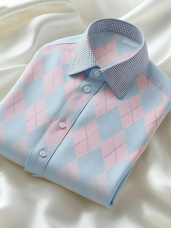 Men's Classic Business Check Logo Lapel Short Sleeve Shirt