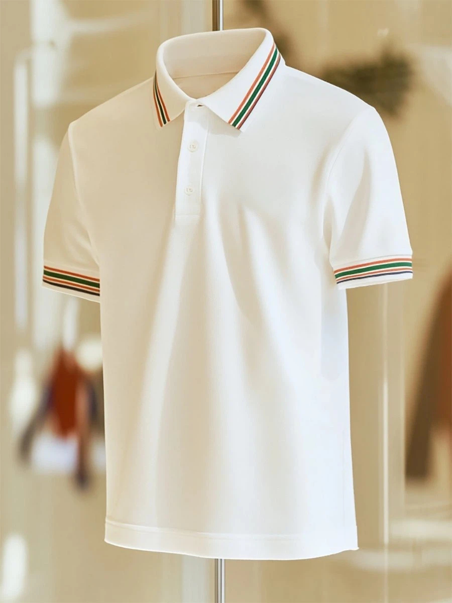 Men's Business Casual Striped Button Short Sleeve Polo Shirt