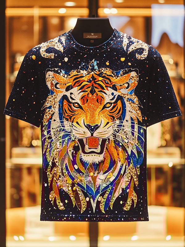 Men's Tiger Sequin Business Print Short Sleeve T-Shirt