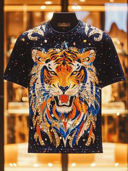 Men's Tiger Sequin Business Print Short Sleeve T-Shirt
