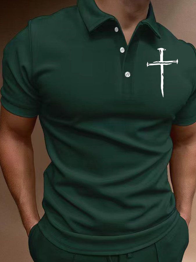Men's Casual Cross Print Button Collar Polo Top