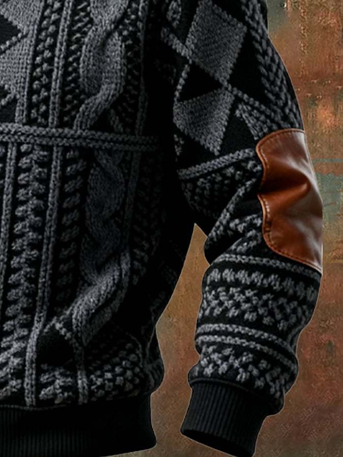 Men's Retro Color Block Print Casual Fur Collar Sweatshirt