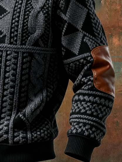 Men's Retro Color Block Print Casual Fur Collar Sweatshirt