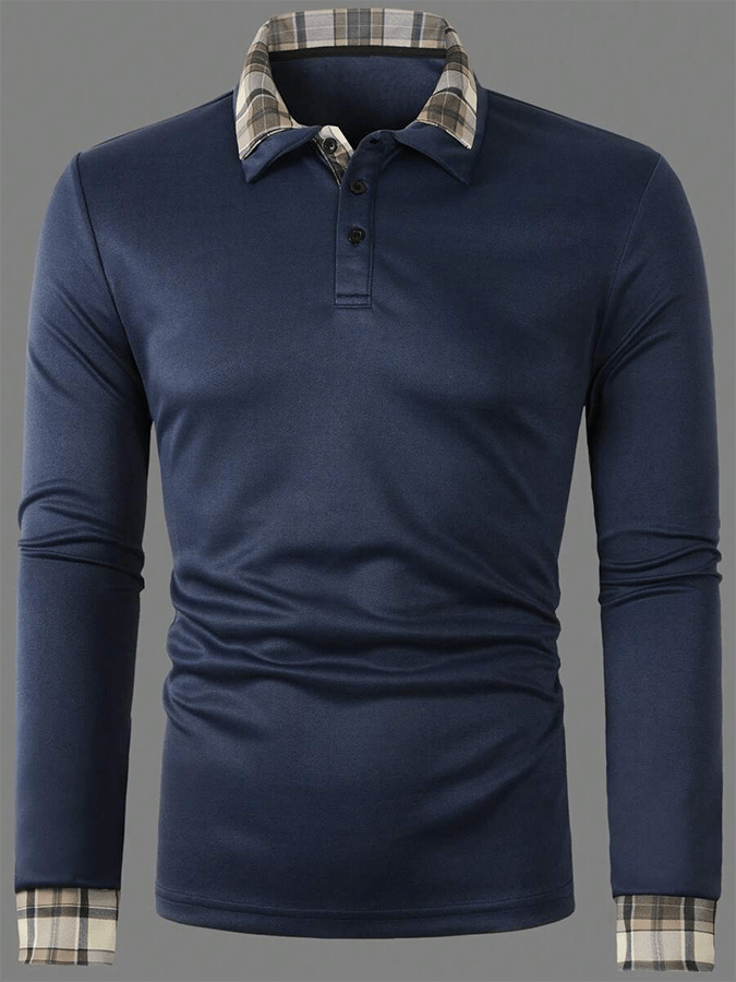 Men's Plaid Business Casual Long Sleeve Polo Shirt