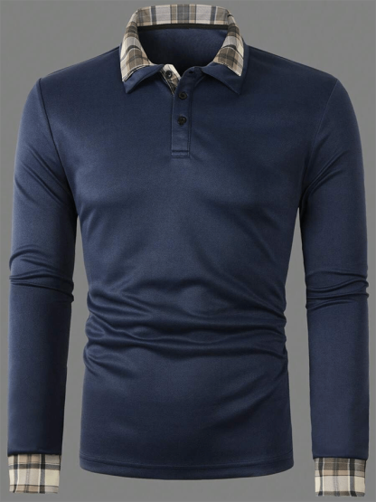 Men's Plaid Business Casual Long Sleeve Polo Shirt