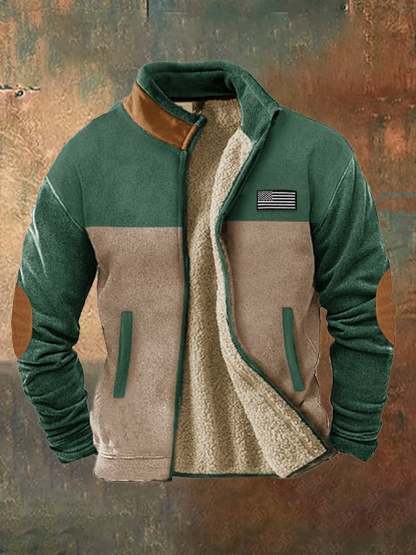 Men's vintage western hunting patchwork warm fleece jacket