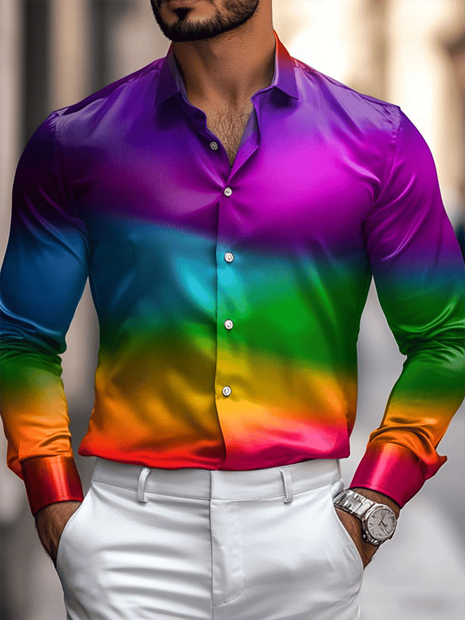 Men's Silk Business Luxury Rainbow Gradient Design Long Sleeve Shirt