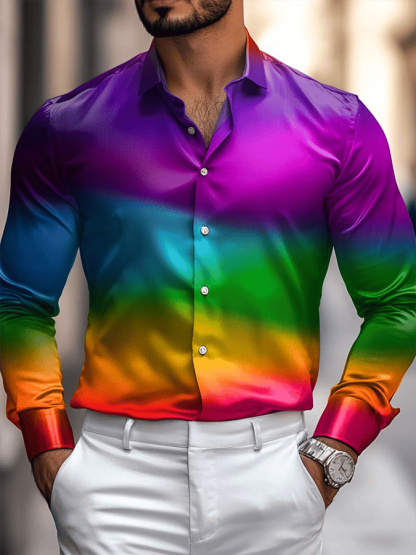 Men's Silk Business Luxury Rainbow Gradient Design Long Sleeve Shirt
