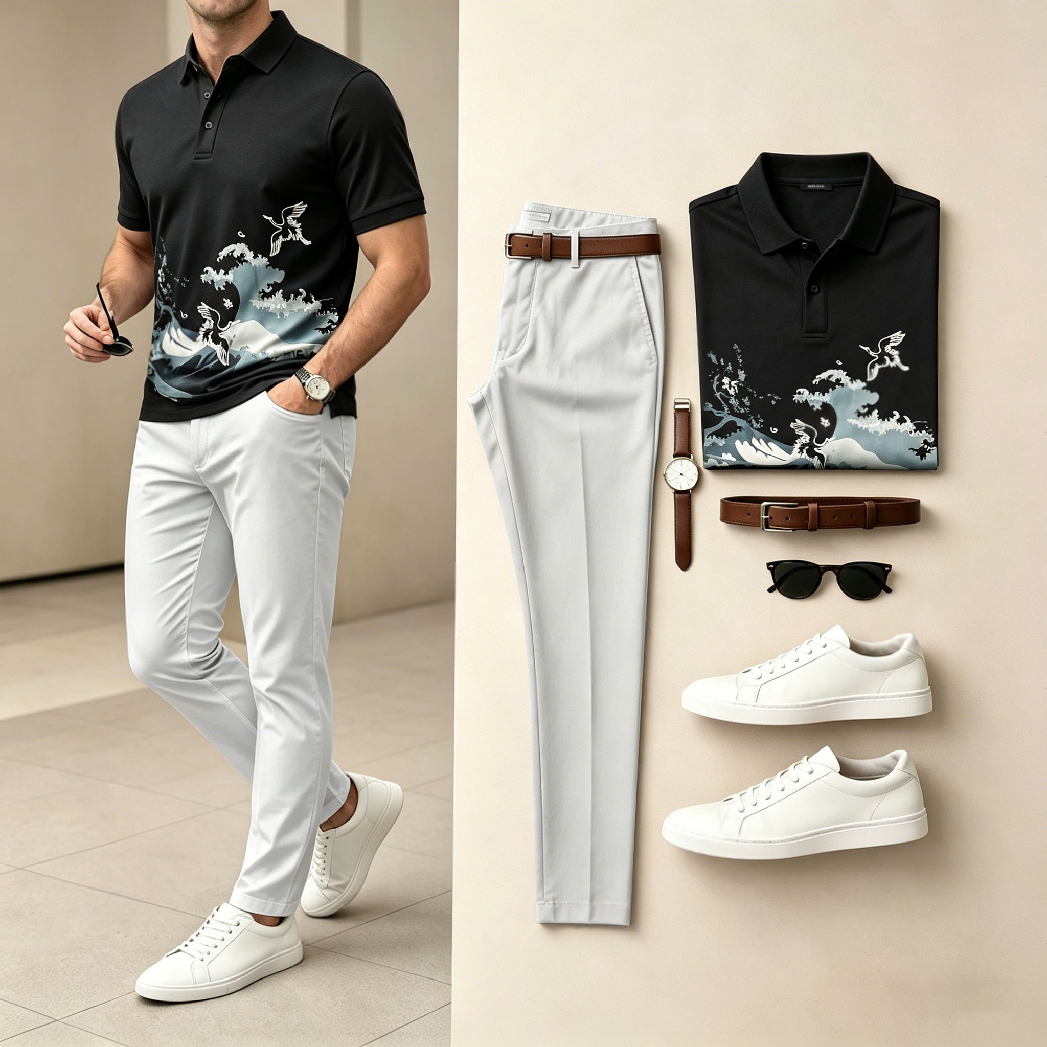 Men's Casual Black-Based Wave-Print Short-Sleeve Polo Shirt And Long Pants Two-Piece Set (Does Not Include Accessories Such As Watches Or Glasses)
