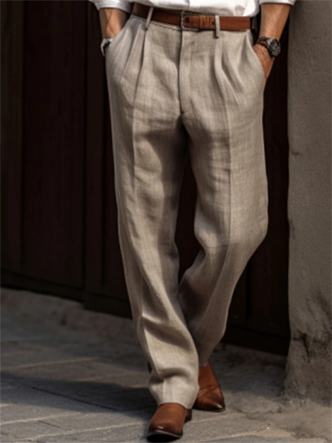 Men's Casual Solid Color Cotton And Linen Resort Straight Trousers