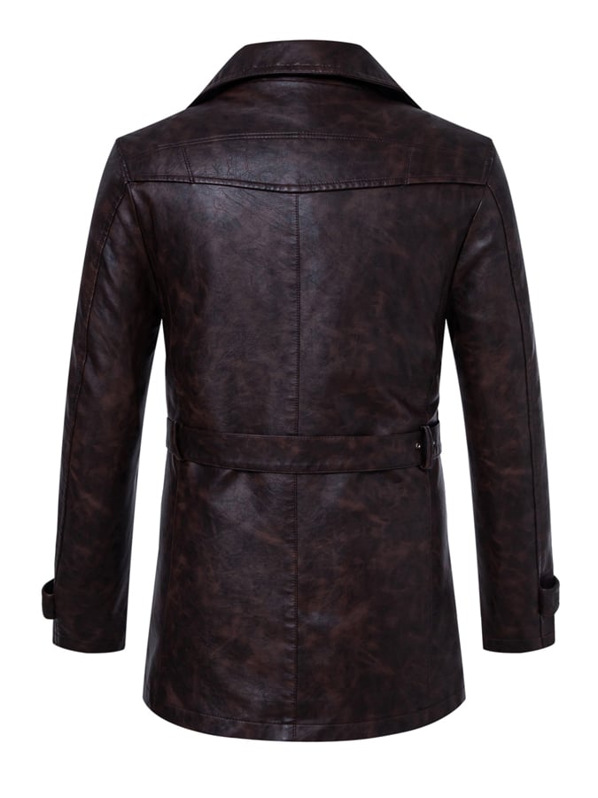 Men'S Stylish Suit Collar Mid-Length With Belt Casual Leather Trench Coat