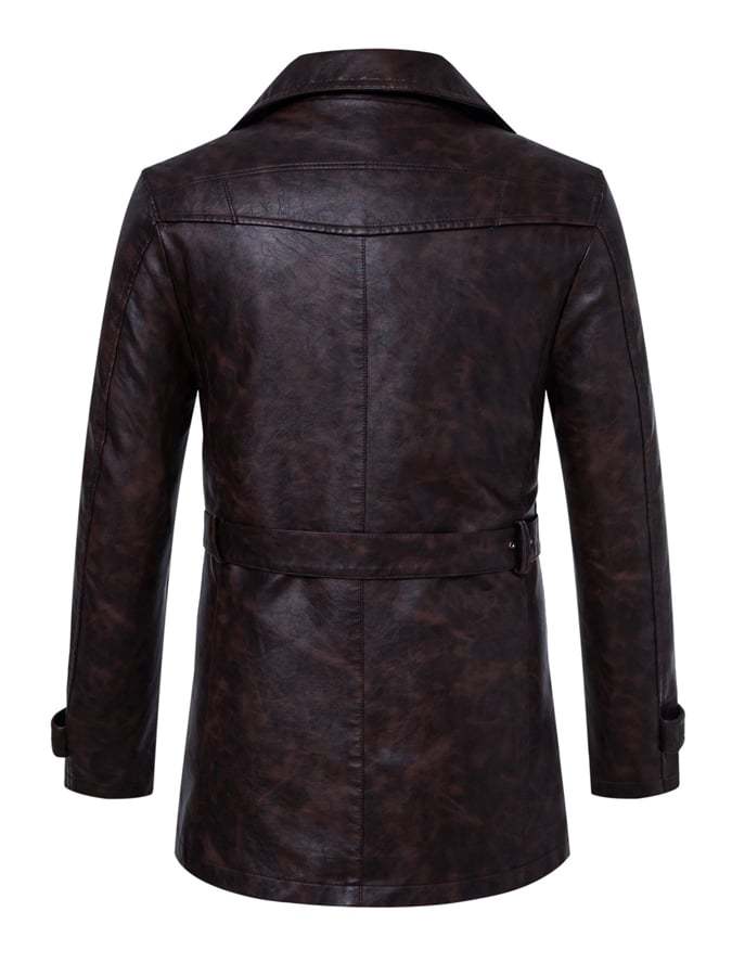 Men'S Stylish Suit Collar Mid-Length With Belt Casual Leather Trench Coat