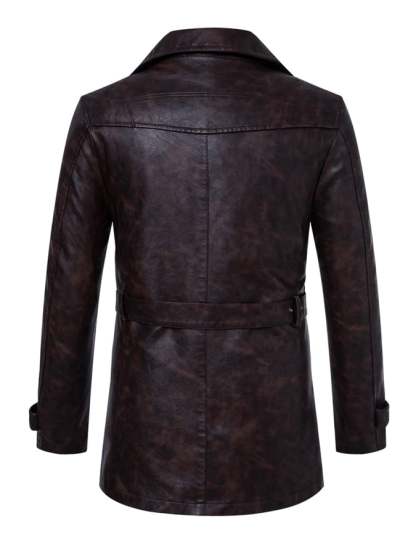 Men'S Stylish Suit Collar Mid-Length With Belt Casual Leather Trench Coat