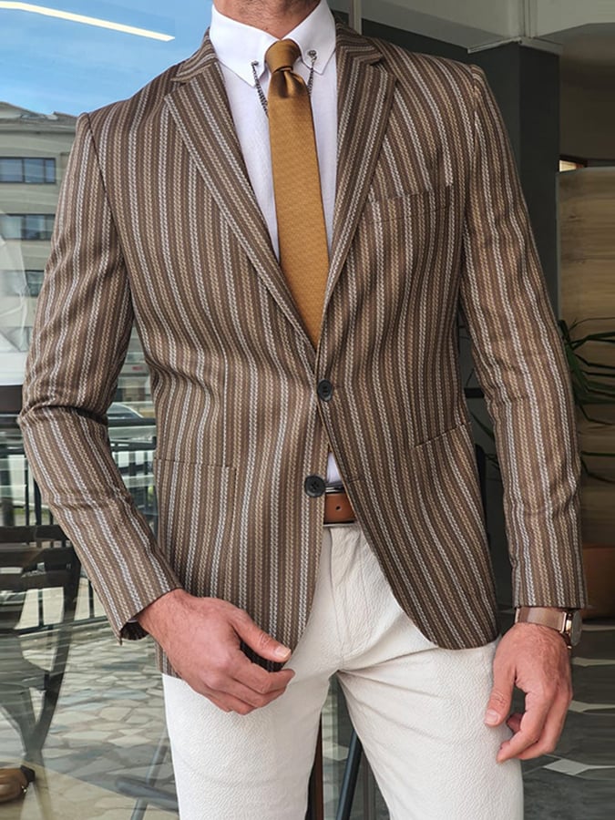 Men's Retro Single Breasted Striped Gentleman Business Suit Jacket