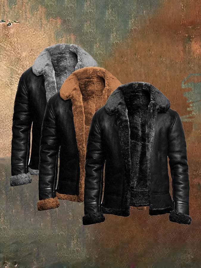 Men's Vintage Casual Lapel Zipper Faux Fur Leather Jacket