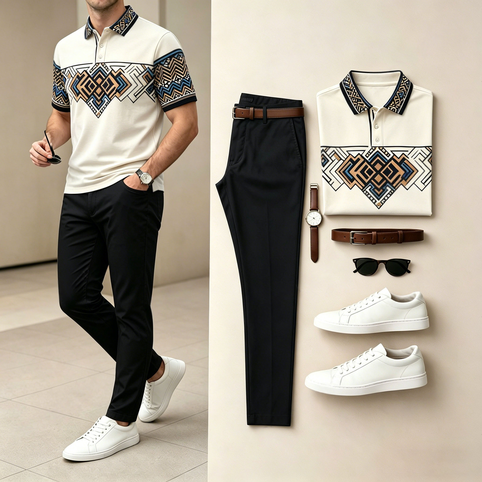 Men's Casual Off-White Ethnic Geometric Print Short-Sleeve Polo Shirt And Pants Two-Piece Set (Does Not Include Accessories Such As Watches Or Glasses)