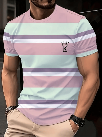 Men's Business Stripe Logo Print Short Sleeve T-Shirt