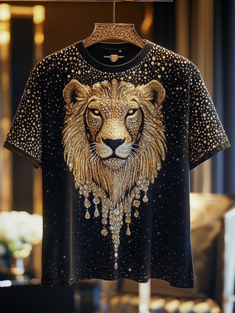 Men's Lion Sequin Business Print Short Sleeve T-Shirt
