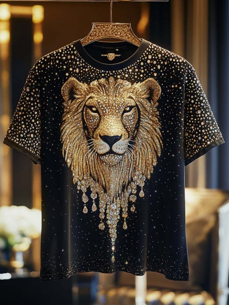 Men's Lion Sequin Business Print Short Sleeve T-Shirt