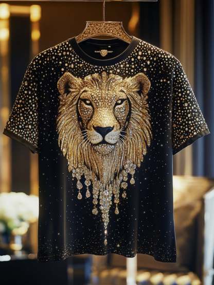 Men's Lion Sequin Business Print Short Sleeve T-Shirt